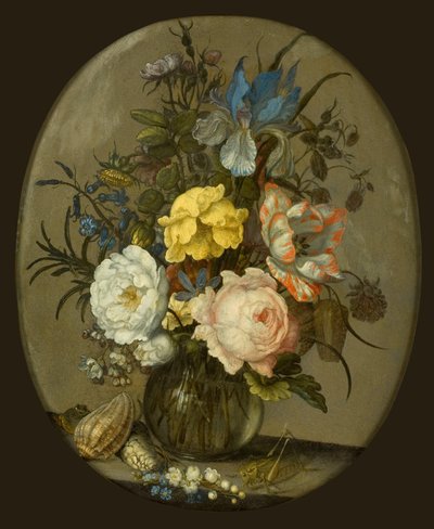 Flowers in a Glass Vase with Shells and an Insect by Balthasar van der Ast